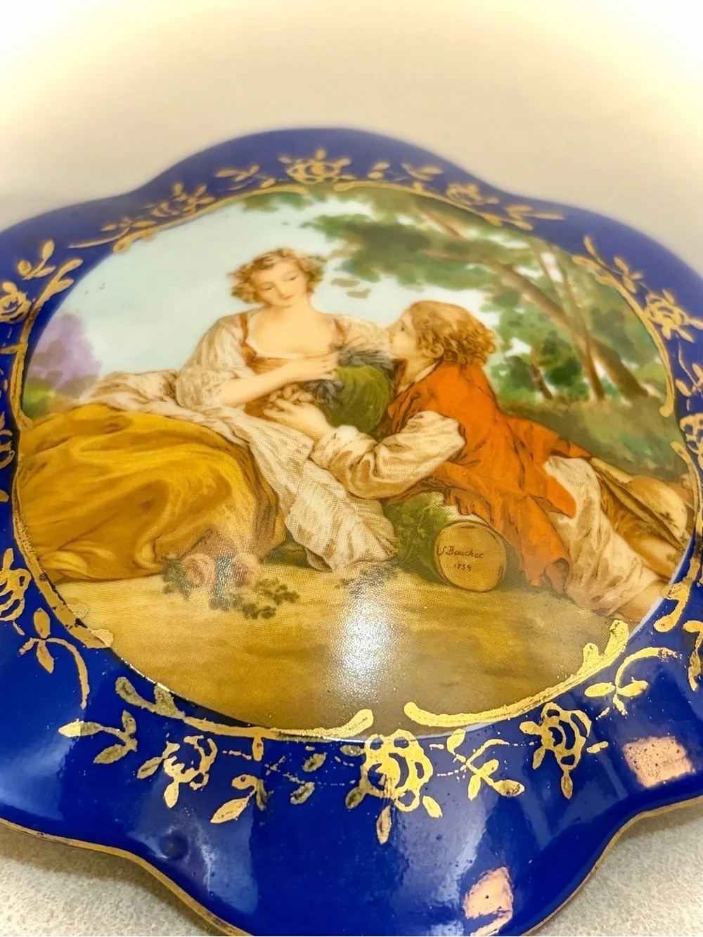 RS Prussia Reproduction Trinket Box Victorian Lovers Blue Gold Porcelain